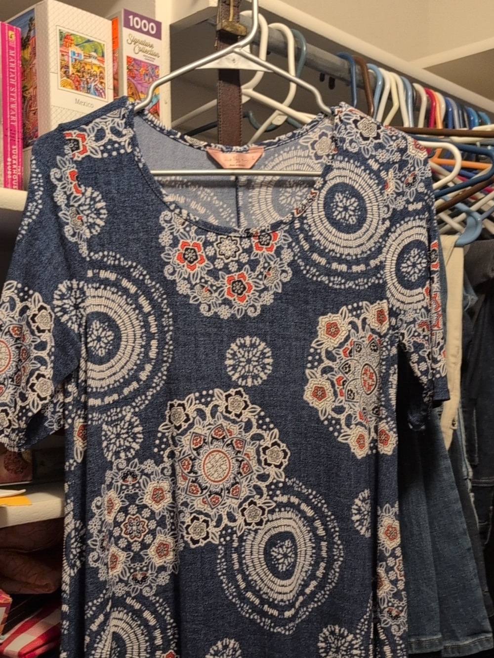 ESJS Navy Blue Scoop Neck Printed Dress with Rust & White Accents